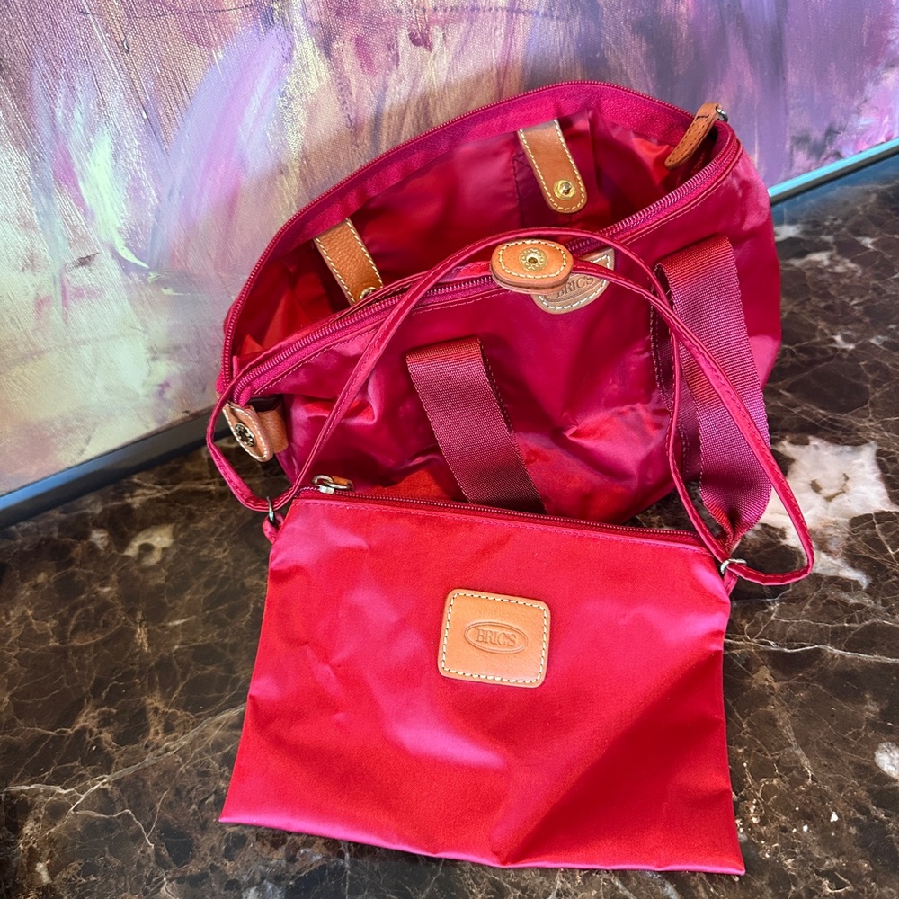 Bric's Raspberry Nylon Tote with Leather Trim - Picture 3 of 8